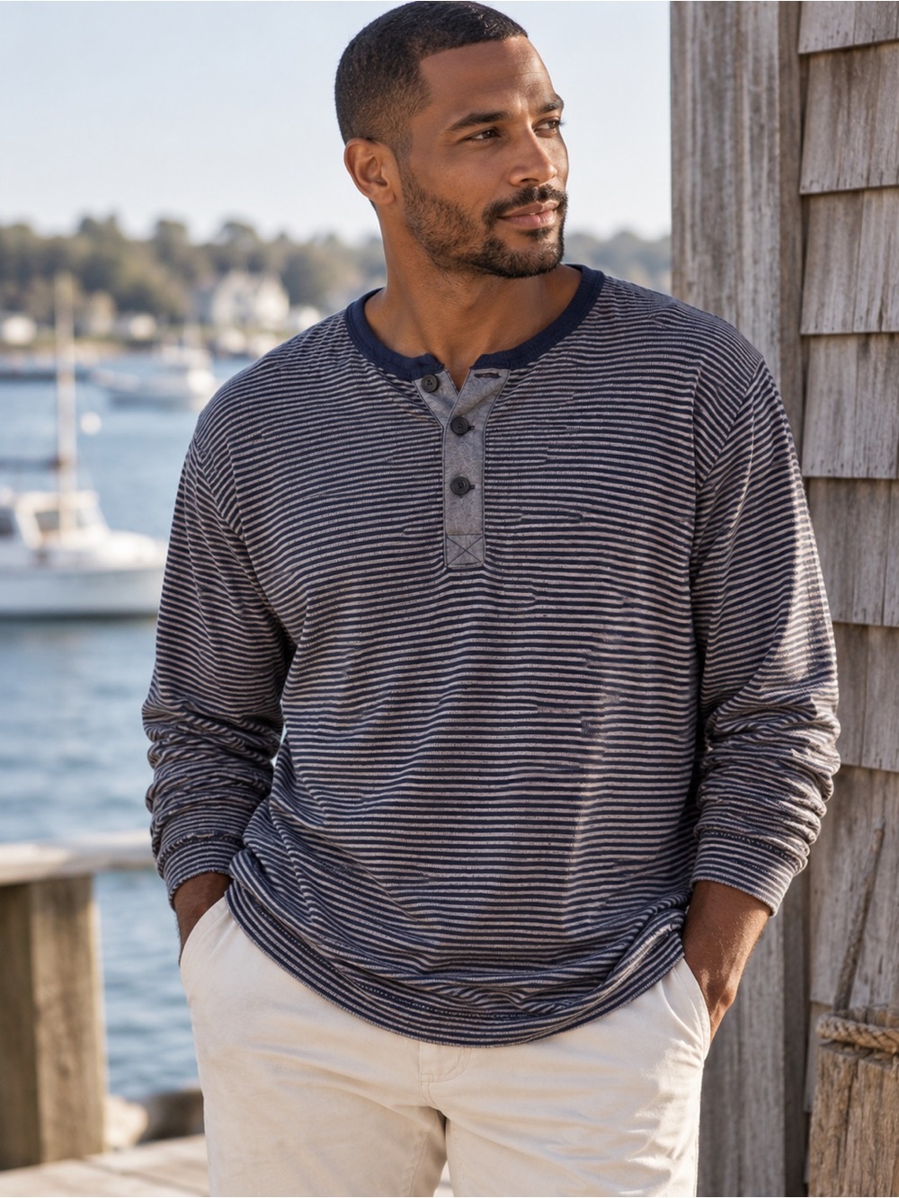 Nordstrom Men’s Shop Large Navy Gray Striped Cotton Henley Long Sleeve Shirt